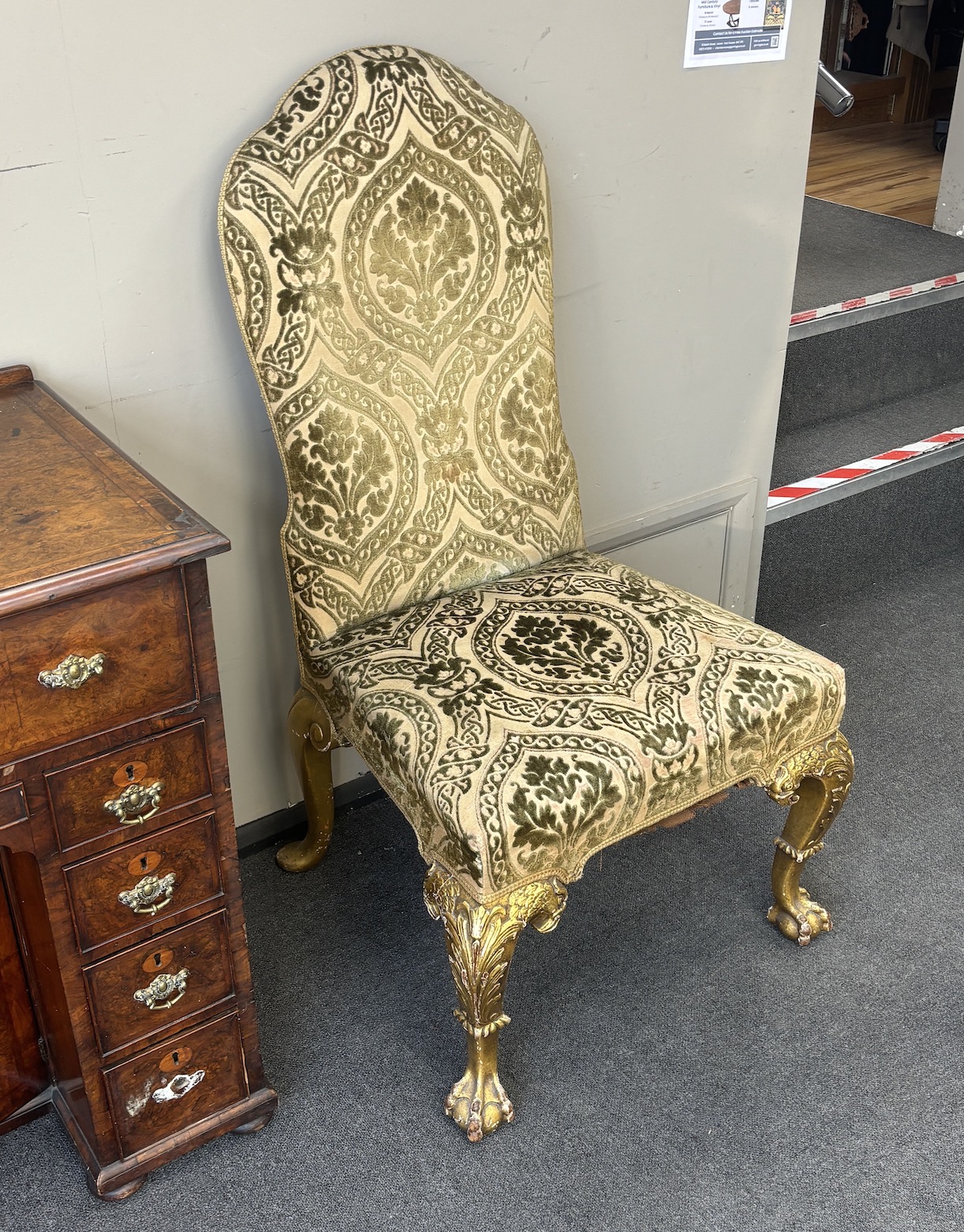 A pair of George II style giltwood side chairs, velvet brocade fabric, width 64cm, depth 64cm, height 114cm